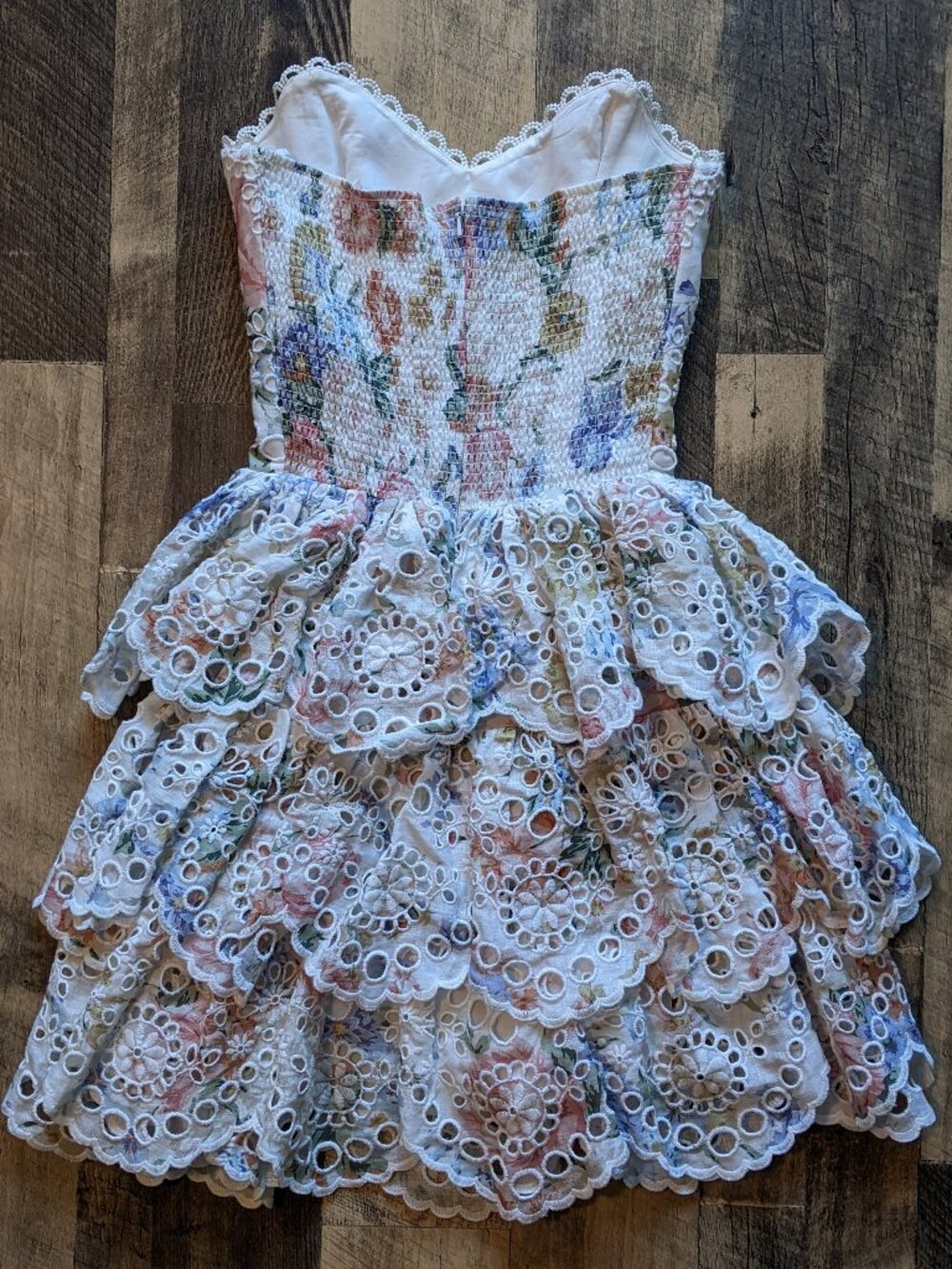 Zimmermann Bowie Ruffle Mini Dress Strapless Floral Linen Broderie Anglaise - Picture 3 of 9